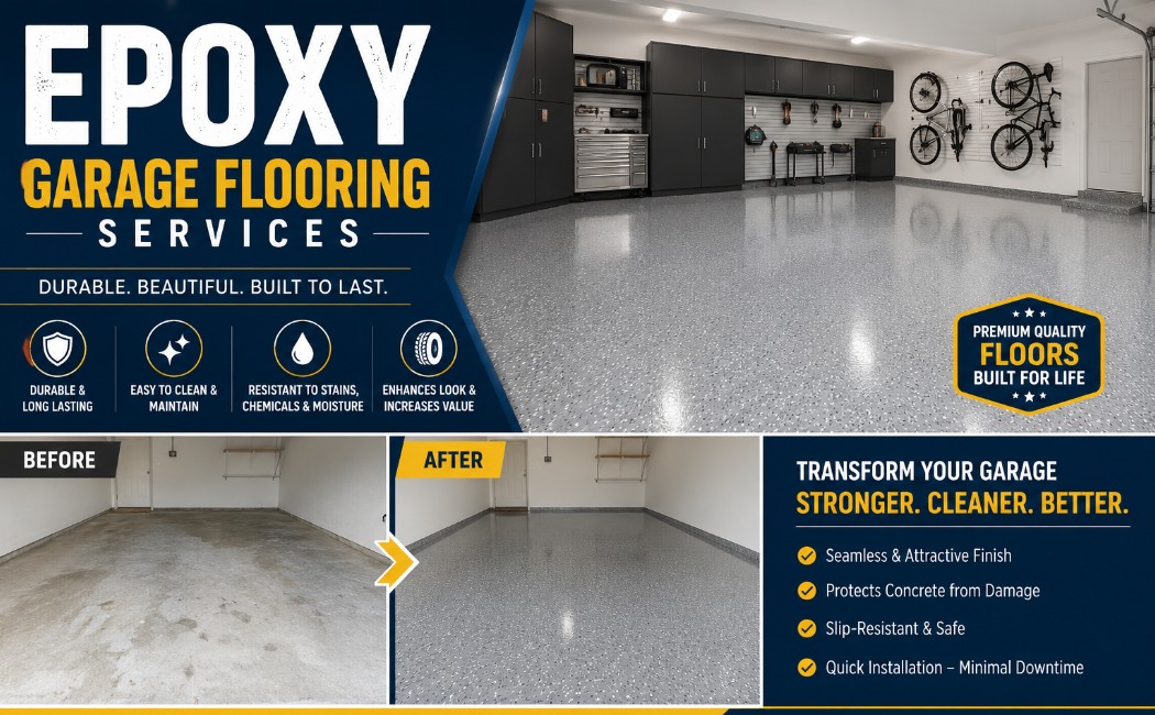 Before and after epoxy garage flooring installation showing transformation from plain concrete floor to durable, decorative epoxy coating in a modern garage