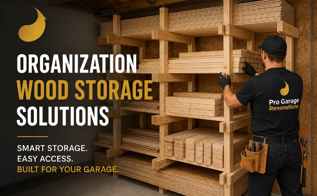 Custom wood storage organization system in a garage featuring neatly arranged lumber racks and a Pro Garage Renovations team member.