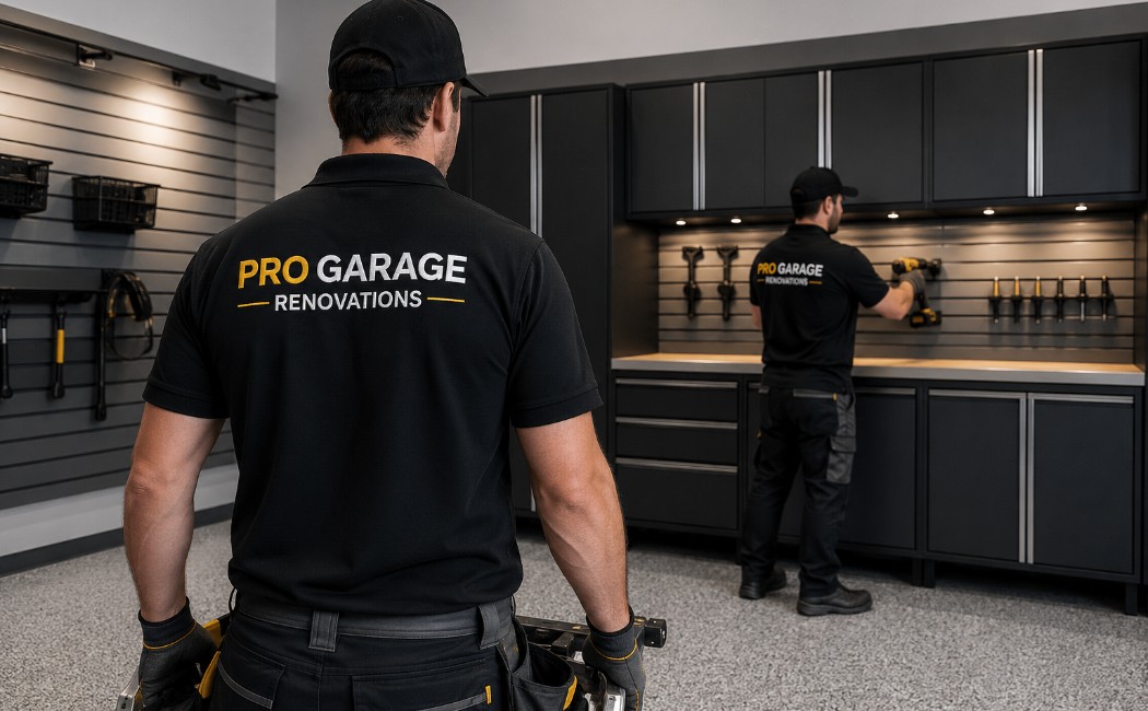 Professional garage renovation experts installing custom garage cabinets and storage systems in a modern, organized garage workspace.