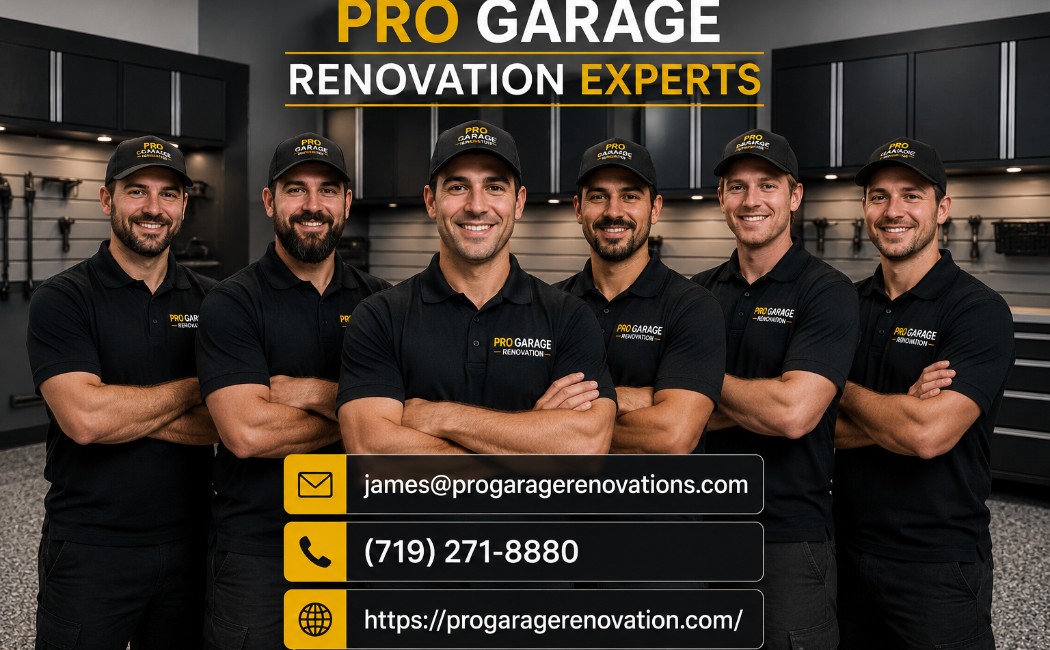 Pro Garage Renovation expert team standing inside a modern garage showcasing professional garage remodeling, flooring, storage, and renovation services.