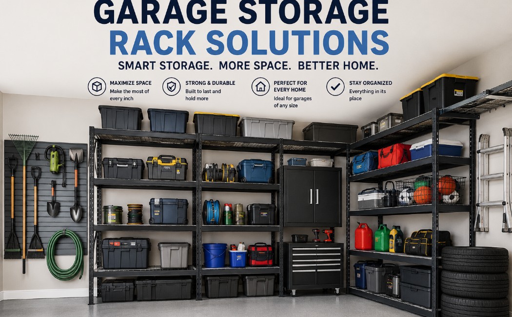 Garage storage rack solutions for homes featuring heavy-duty shelving, organized storage bins, tools, sports equipment, and space-saving garage organization systems.