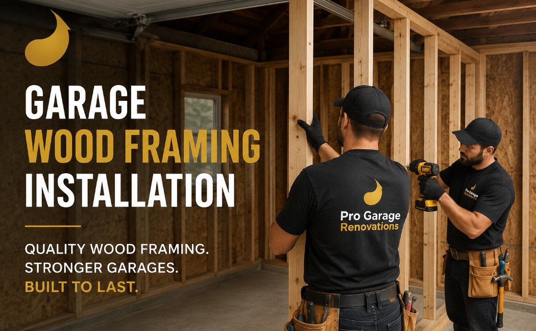 Professional garage contractors installing wood framing inside a residential garage with Pro Garage Renovations branding on worker uniforms.