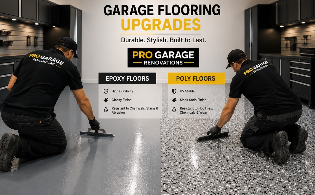 Garage flooring upgrade specialists applying epoxy and polyaspartic floor coatings in a residential garage with durable premium finishes.