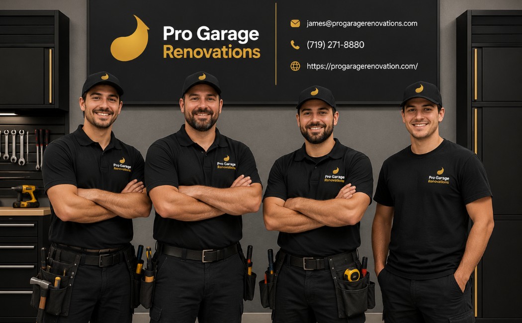 Professional Pro Garage Renovations team standing in a modern garage workshop with company branding, contact information, and logo displayed on the background wall.