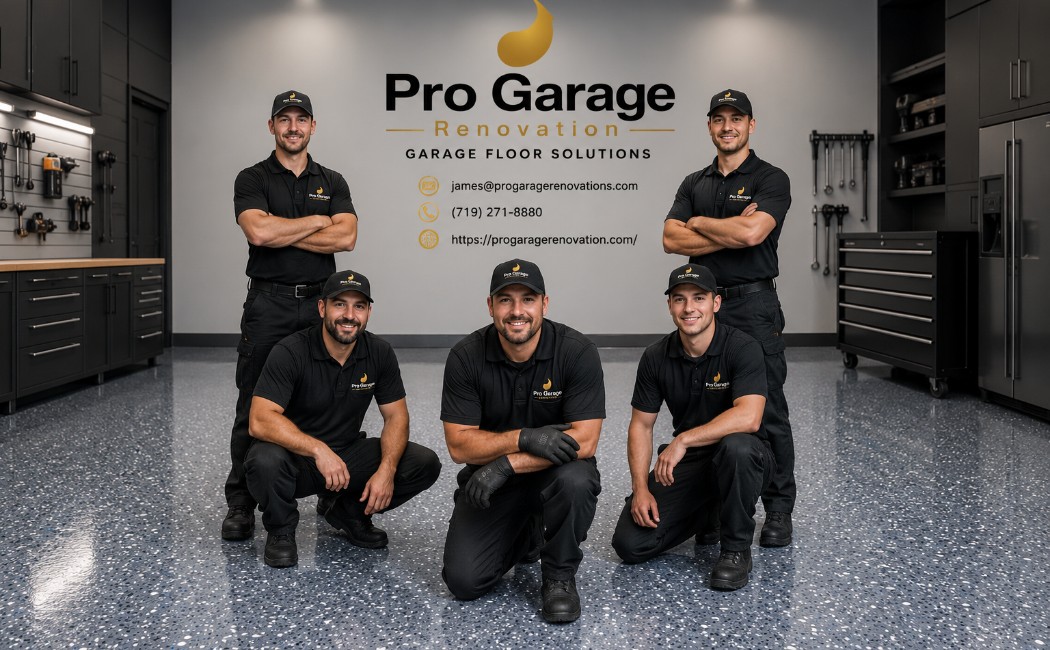 Professional garage floor solutions team standing in a modern garage with premium epoxy flooring and storage systems