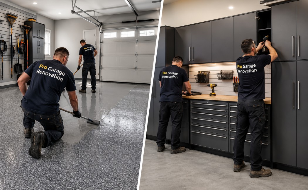 professional-pro-garage-renovation-team-installing-epoxy-and-poly-garage-flooring-on-one-side-while-assembling-custom-garage-cabinets-on-the-other.