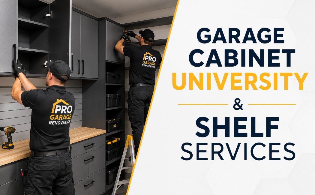 Professional team installing custom garage cabinets and wall shelves for organized garage storage by Pro Garage Renovation experts.