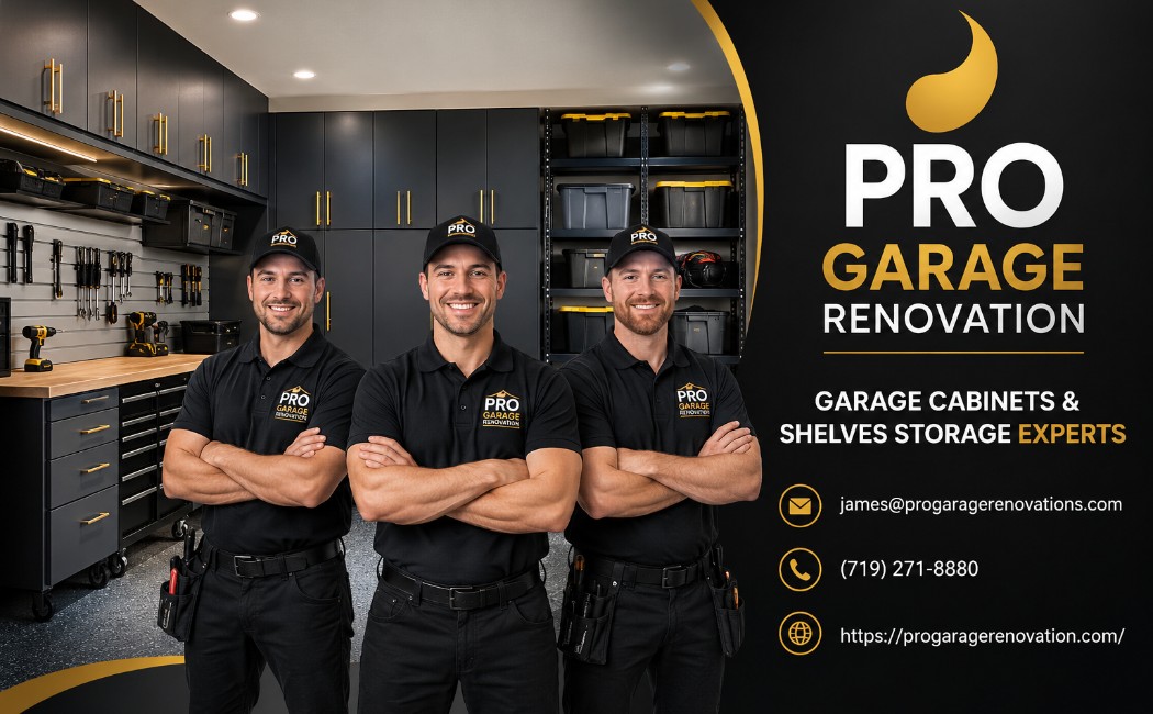 Pro Garage Renovation garage cabinets and shelves storage experts standing in a modern organized garage with custom cabinets and shelving systems.