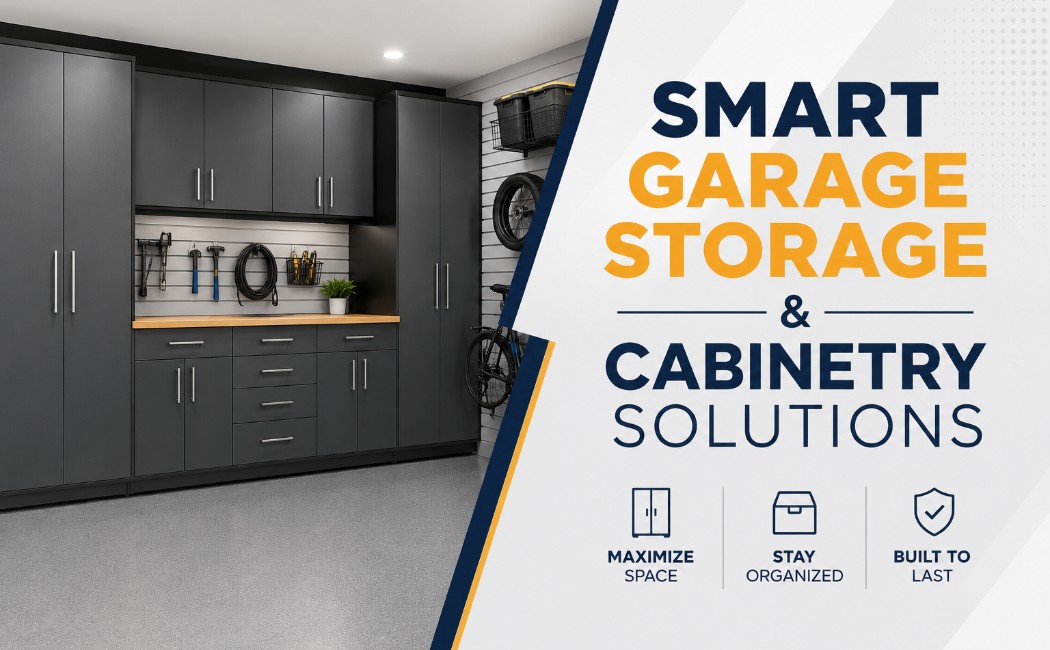 Smart garage storage and cabinetry solutions featuring custom garage cabinets, wall storage, and organized workspace designed by Pro Garage Renovation.