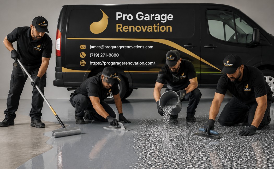 epoxy-and-poly-flooring-installation-experts-working-in-a-garage-beside-a-branded-service-van