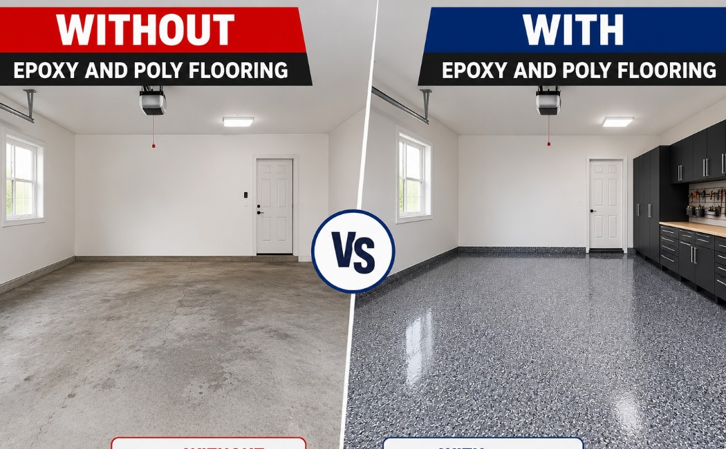 garage-comparison-showing-bare-concrete-flooring-versus-epoxy-and-poly-flooring