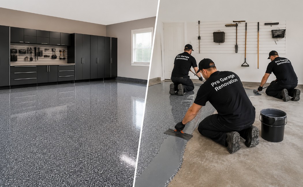 garage-flooring-solutions-with-a-finished-epoxy-floor-and-flooring-experts-at-work