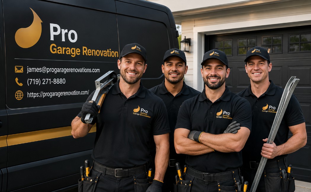 pro-garage-renovation-garage-door-installation-experts-team-standing-with-branded-service-van-outside-a-residential-garage